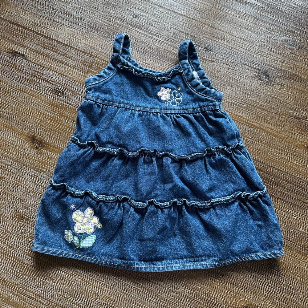 3/27$ VTG Ragscals Baby Denim Sleeveless Dress with Floral Embroidery size 3M
